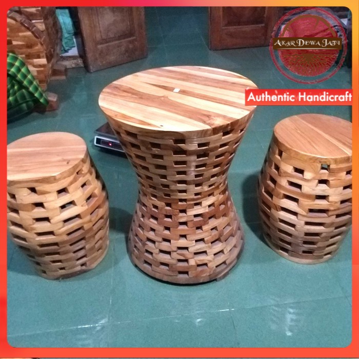 1 Set Meja Dan 2 Kursi / Bangku Sangkar Drum Kayu Jati