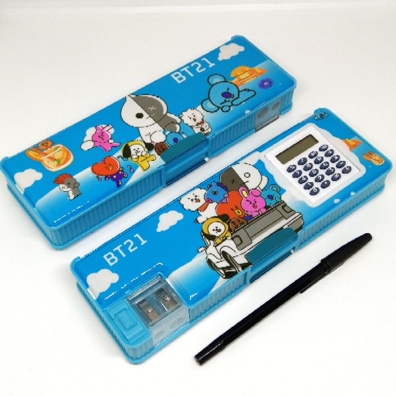 Tempat pensil anak Kalkulator 2 Sisi + 2 Rautan Magnet Karakter BTS BT21 BR