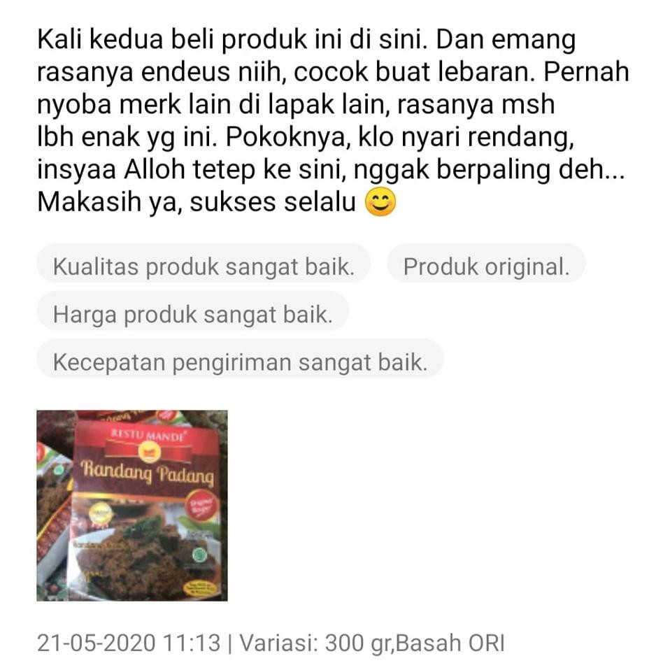 

ZK Rendang Padang Asli Daging Basah/Kering Restu Mande. Bukan Frozen Food, Halal, SNI, BPOM* QHD