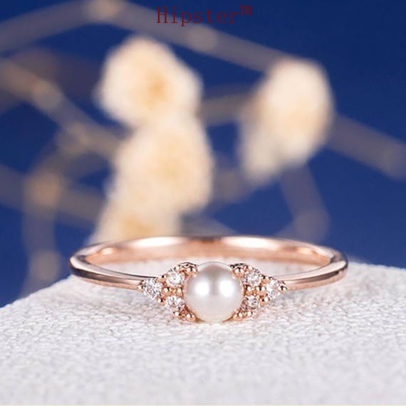 European and American New Elegant Simple Temperament Rose Gold Inlaid Diamond Pearl Ring