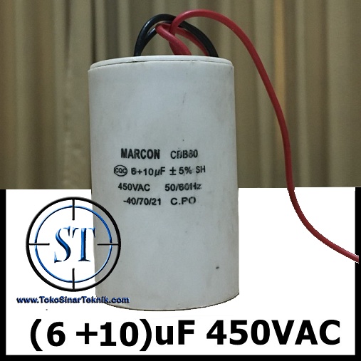 Capacitor 6+10 uF/450V CBB60 6+10uF 5% 50/60Hz Putih Kapasitor Kipas Angin Jet Pump Mesin Cuci Mesin Jahit 6 &amp; 10 uF 450 VAC