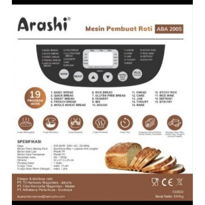 ARASHI Bread Maker ABA 2005 Mesin Pembuat Roti ABA2005