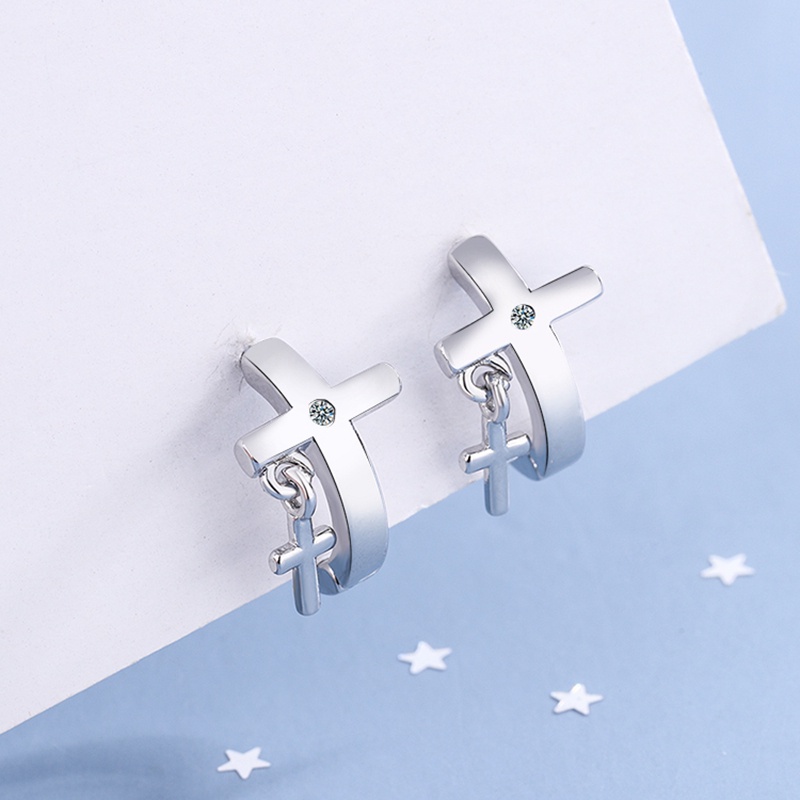 Anting 925 Sterling Silver Model Silang Aksen Kristal Zircon Untuk Wanita