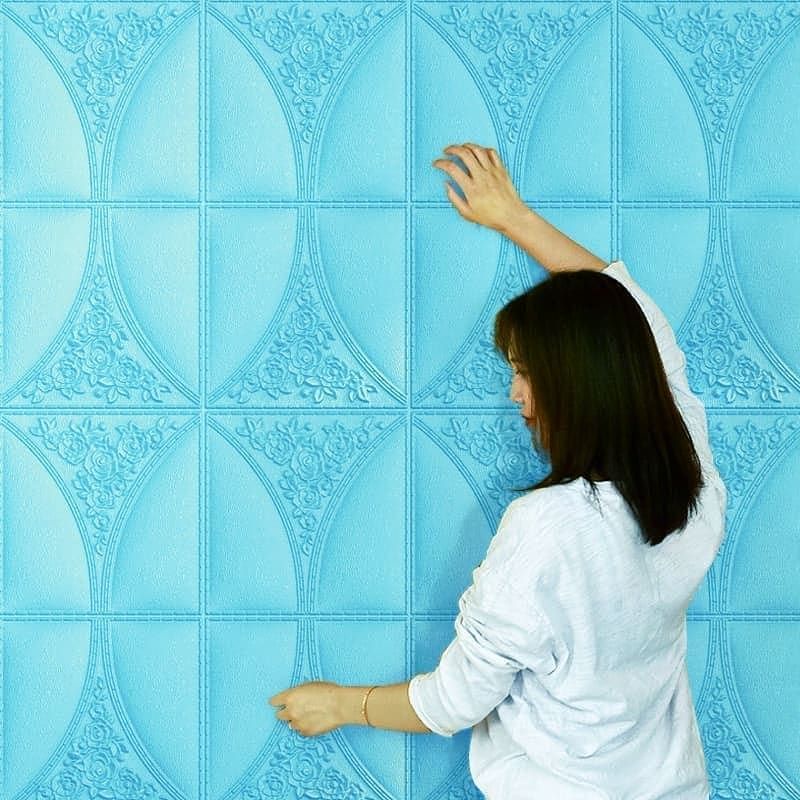wallpaper sticker foam premium permukaan timbul motif oval batik biru