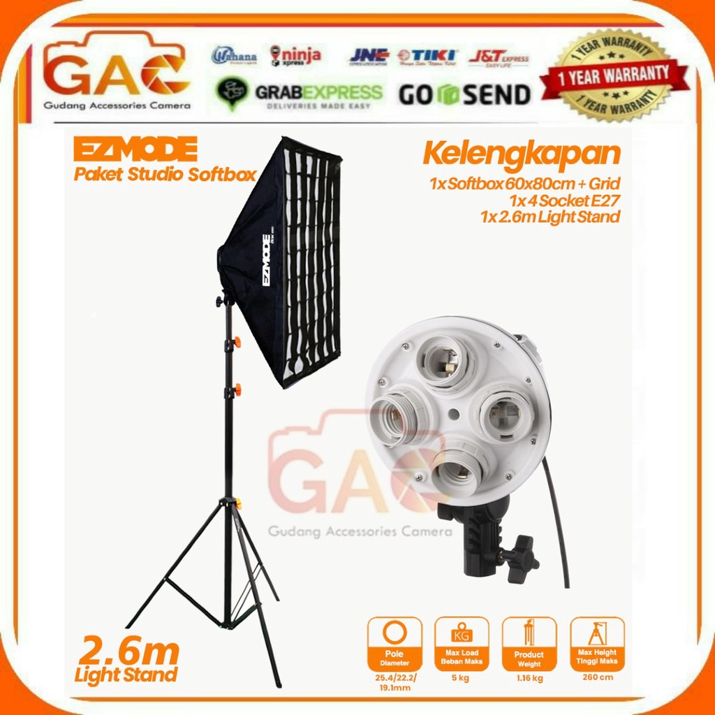 EZMODE Studio Lighting Stand + 4 Socket Softbox 60x80cm with Grid