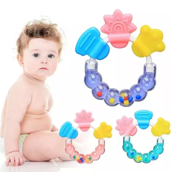 Mainan Rattle Genggam Bayi Gigitan Empeng Buah Plastik dengan Teether Gigitan Kerincing Kerincingan