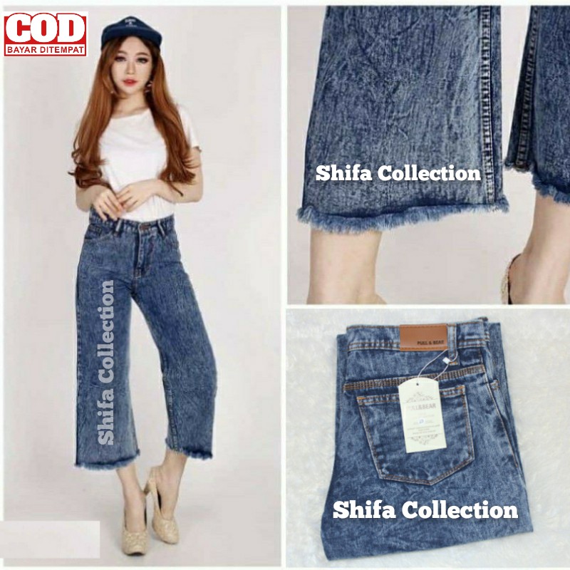 Celana Kulot Wanita Jeans Rawis Tebal Highwaist - Bahan Sakura - (Ukuran 27 - 34)