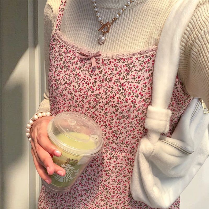 Fleurine Pink Dress | Dress Motif Bunga Kecil | Dress Panjang | Slip Dress | Summer Dress | Korean D