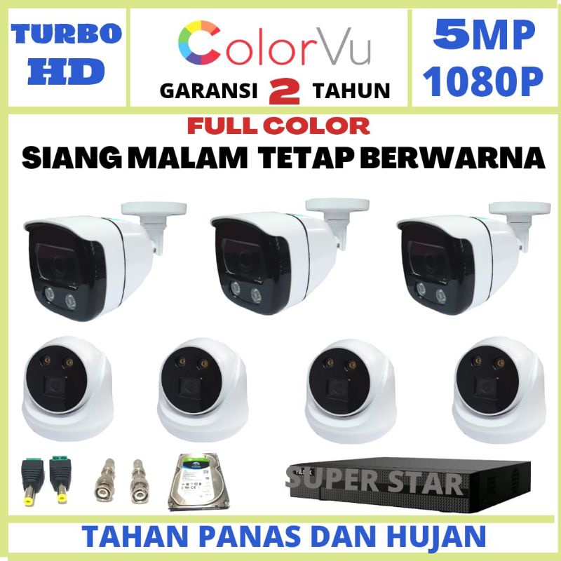 PAKET CCTV 8 CHANNEL 7 KAMERA COLOR VU LENSA 5MP 1080P CHIPSET SONY XMORE TURBO HD