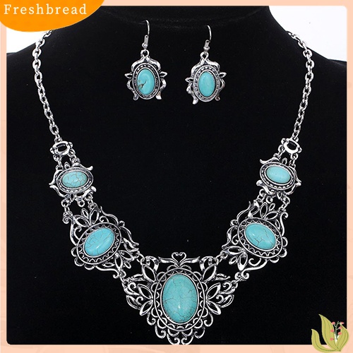 Terlaris Women's Hollow Tibetan Oval Turquoise Bib Collar Necklace Earrings Jewelry Set