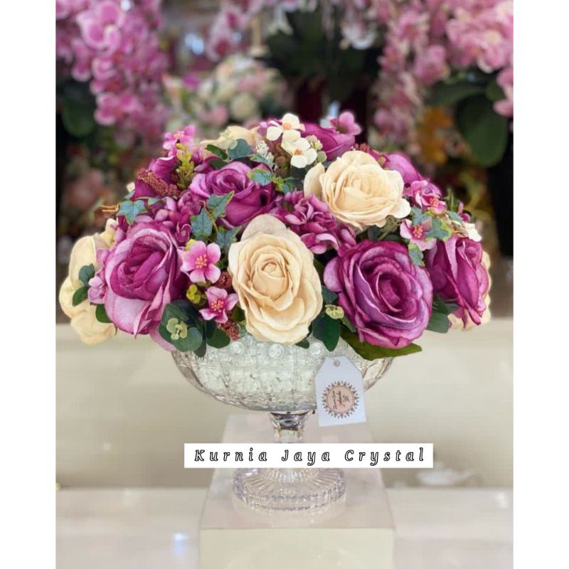 Bunga Artifisial Set Mawar Beludru+ Vas Kristal/ Pajangan Bunga Artifisial Mawar Set