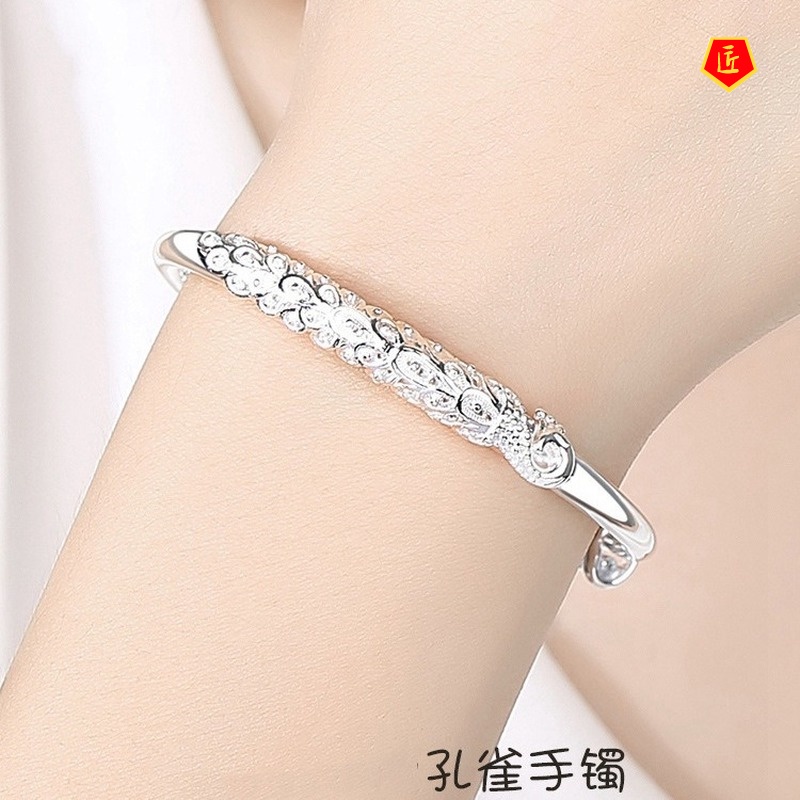 [Ready Stock]Retro Fashion 999 Silver Carved Peacock Bracelet