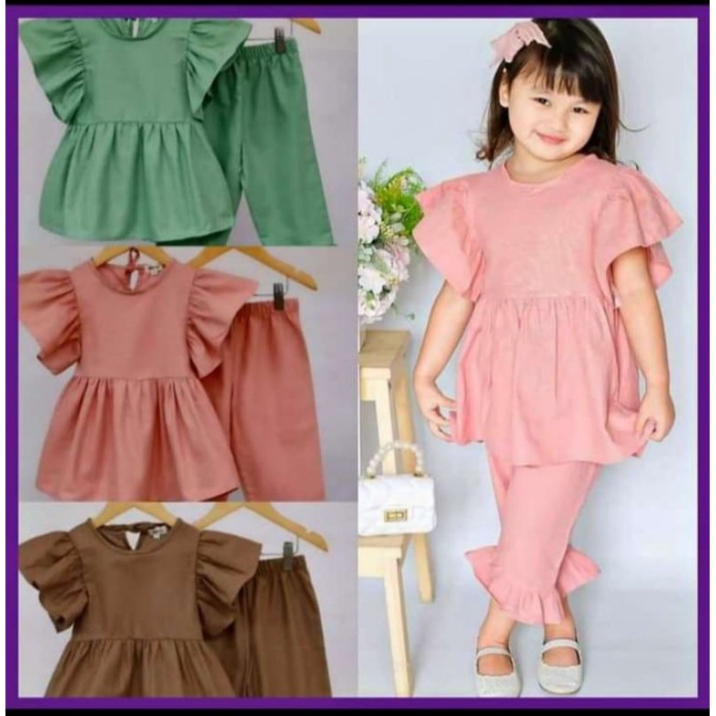 Baju setelan BELLE anak cewek, bahan RAYON PREMIUM,polosan pit usia 3-7 tahun,cantik wiru tangan pen