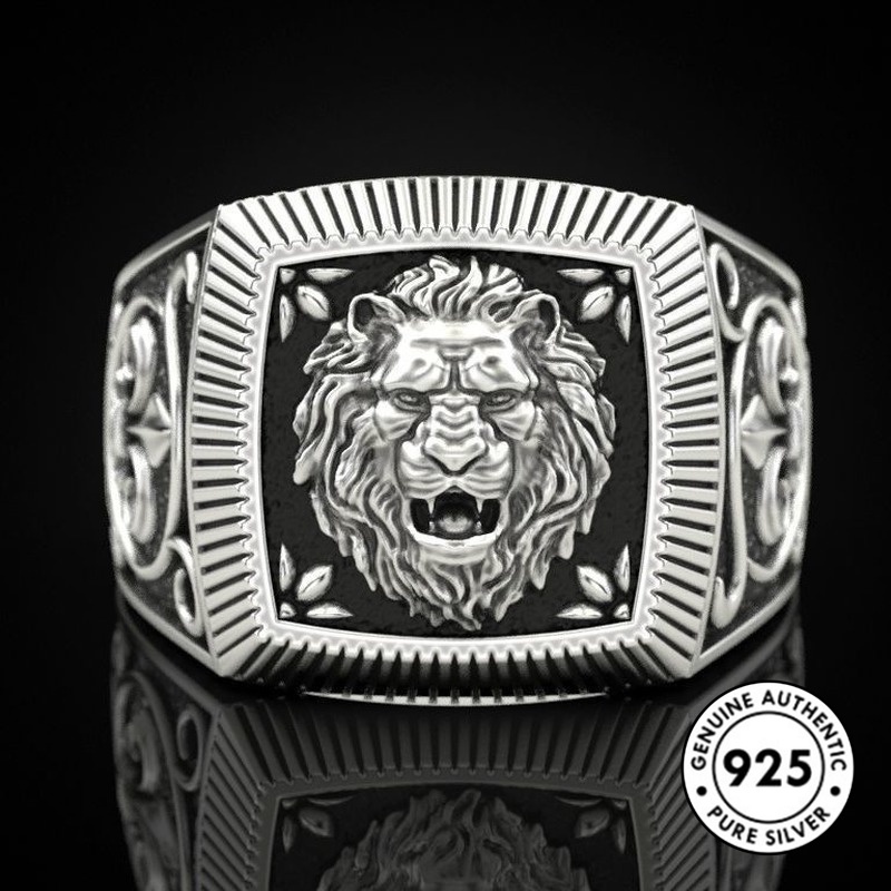 Cincin Desain Singa Bahan S925 Silver Untuk Pria