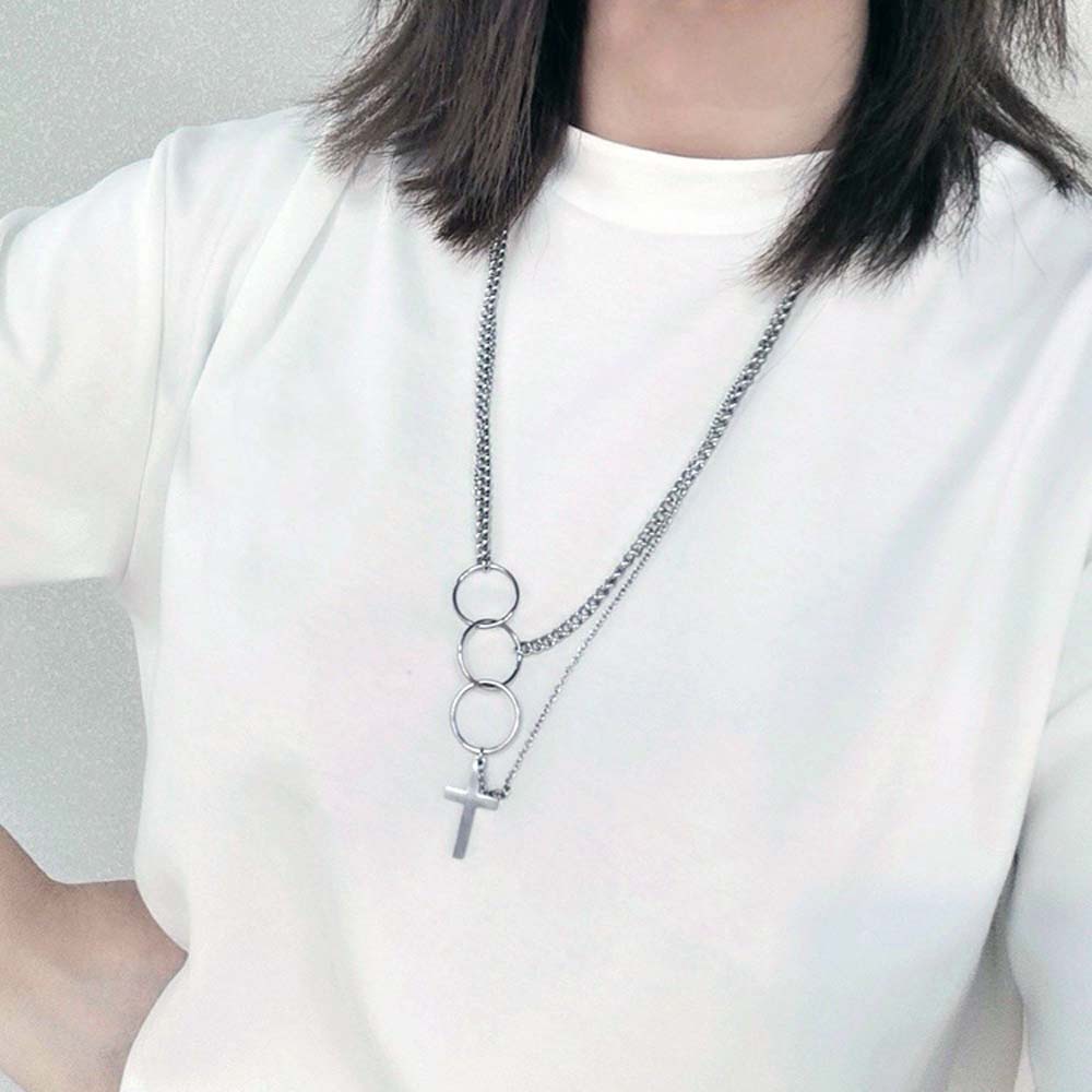 Needway  Trendy Circle Necklaces Punk Choker Clavicle Chain Metal Linked Double Layers Cross Pendant Men For Women Harajuku Fashion Jewelry/Multicolor