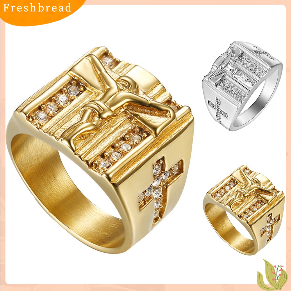 [TERLARIS]Chic Jesus Cross Carved Cubic Zirconia Inlaid Ring Unisex Wedding Jewelry Gift