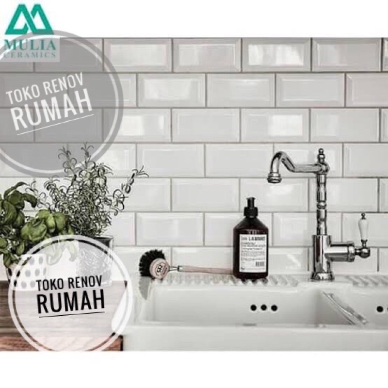 keramik bevel 10x20 putih polos (mengkilap) / keramik dinding dapur/ keramik dinding kamar mandi/kit