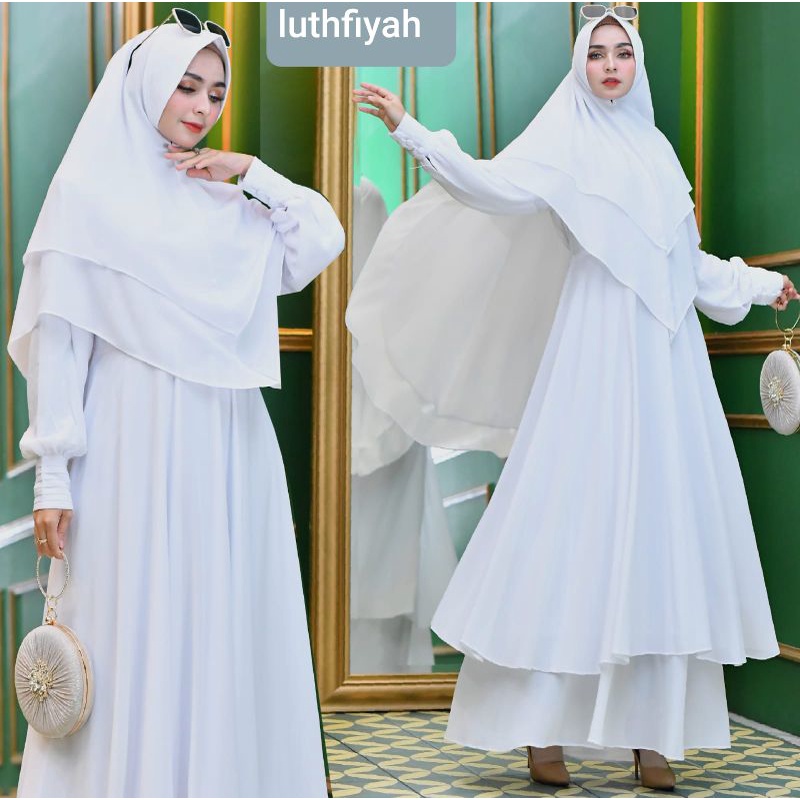 1 Set Gamis + Jilbab Syari Ceruti Babydoll Ped Putih Polos Baju Muslim Dress Hijab Kerudung Wanita P