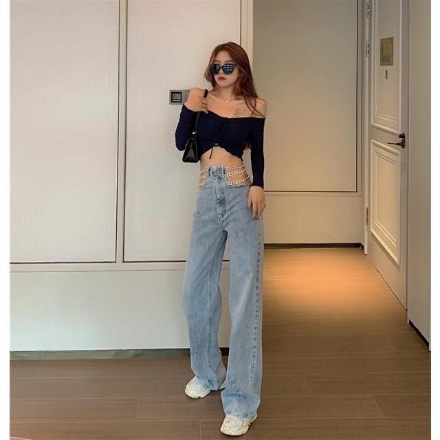 Suhao Sexy High Waist Jeans Musim Gugur Longgar Jeans Lebar Kaki Mengepel Celana Celana Rantai Jeans Celana Hollow