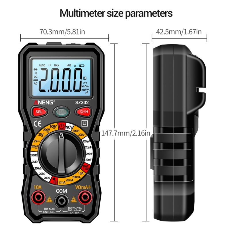 Multimeter Ohm Volt Meter Multi Tester Portabel Auto-Ranging Dengan Senter Belakang Anti Ledakan