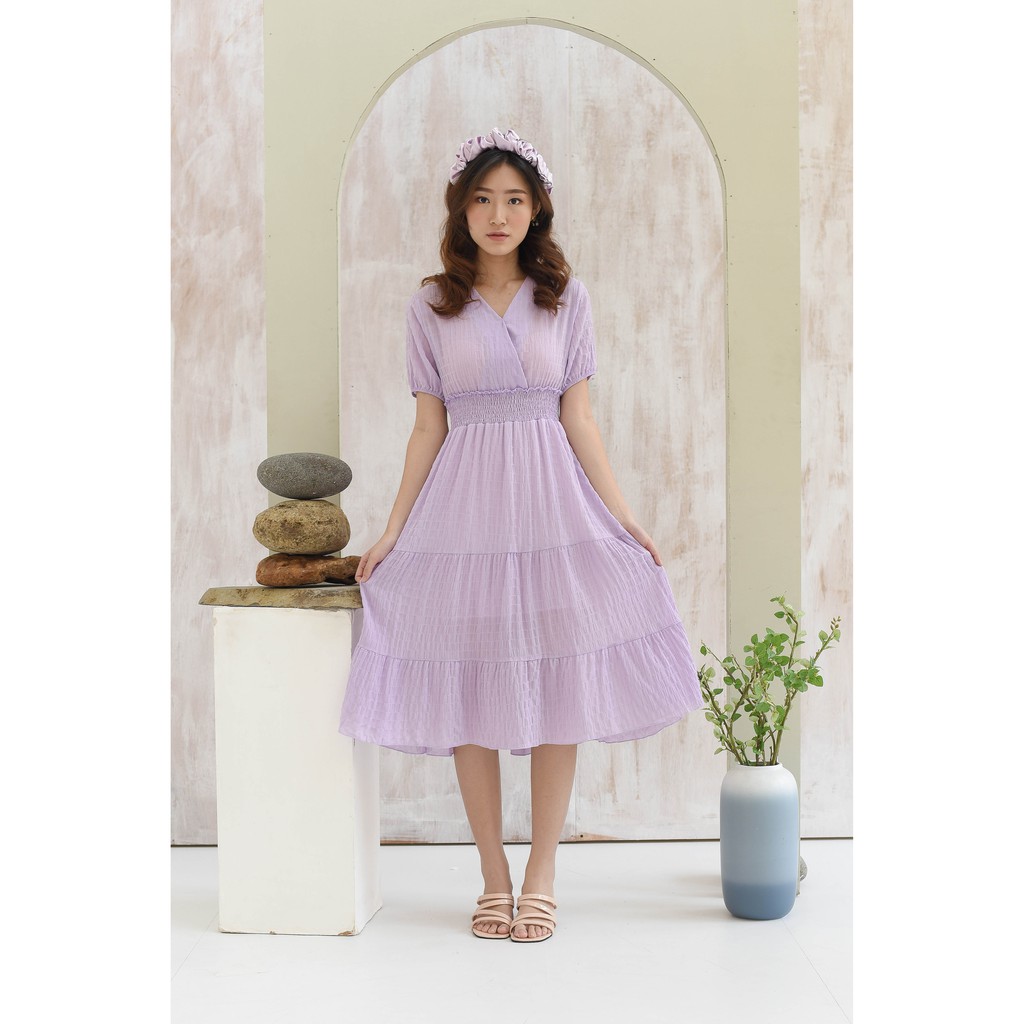 VICTORIA Surplice Tiered Lilac Dress - Smocked Waist A Line Korean Style