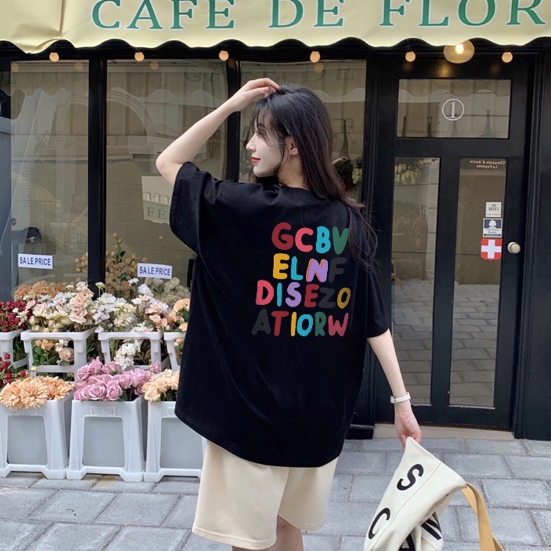 Atasan hitam lengan pendek retro longgar gaya korea sederhana/Kaos Oversize Rabbit Tas T-shirt Korean Style/kaos vintage/Big size print kaos wanita tshirt atasan top korea