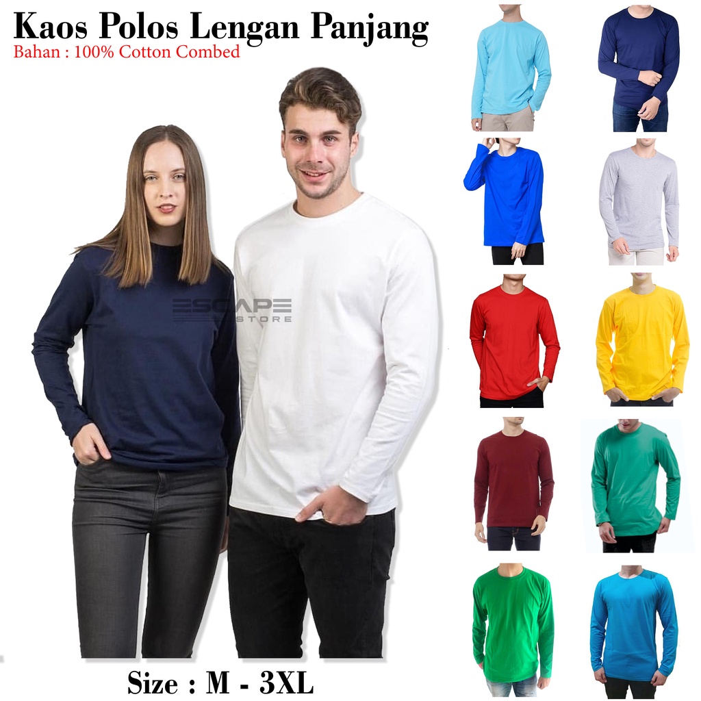 XXXL - Kaos Big Size Jumbo Polos Lengan Panjang Pria Wanita . Kaos Polos Longsleeve Bahan Cotton Combed Adem