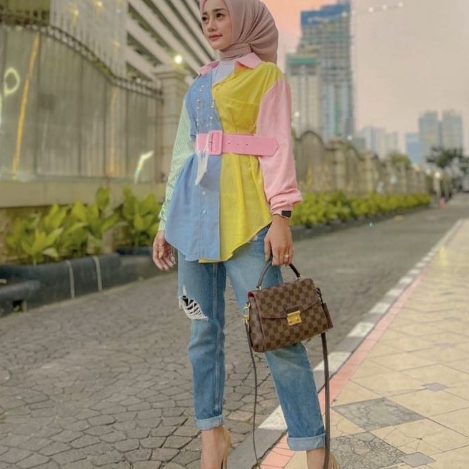 2490 (FREEBELT) REALPICT Baju atasan kemeja blouse kerja warna kombinasi kuning biru lengan panjang 