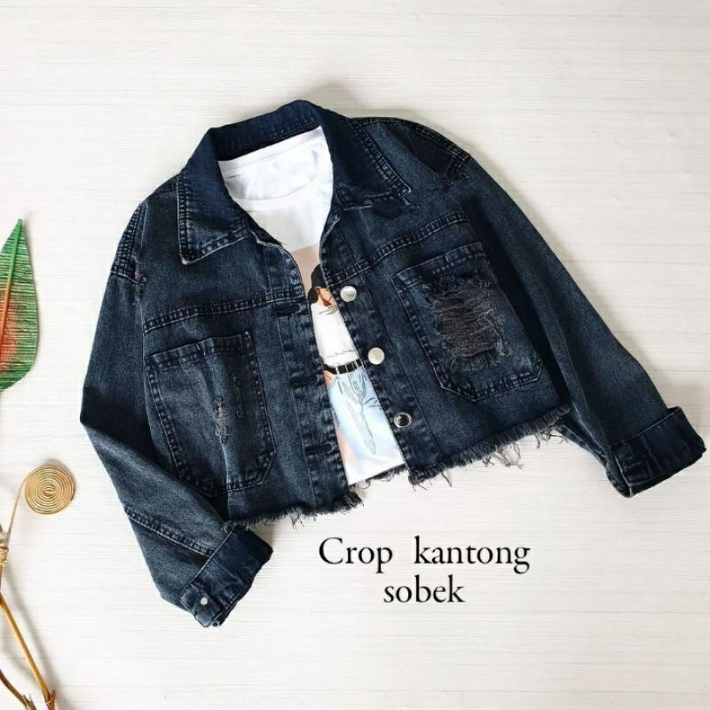 jaket jeans rawis fashion distroy/ Ripped Crop Jacket Jeans Sobek Robek Ripped Wanita Crop Top Rawis Jins Denim Cewek Sobek Korean Style Kekinian