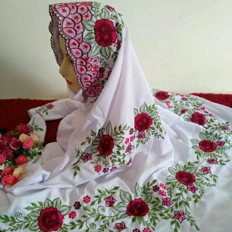 Mukena Bordir Motif Bunga Merah Lajuran Putih Ukuran Dewasa