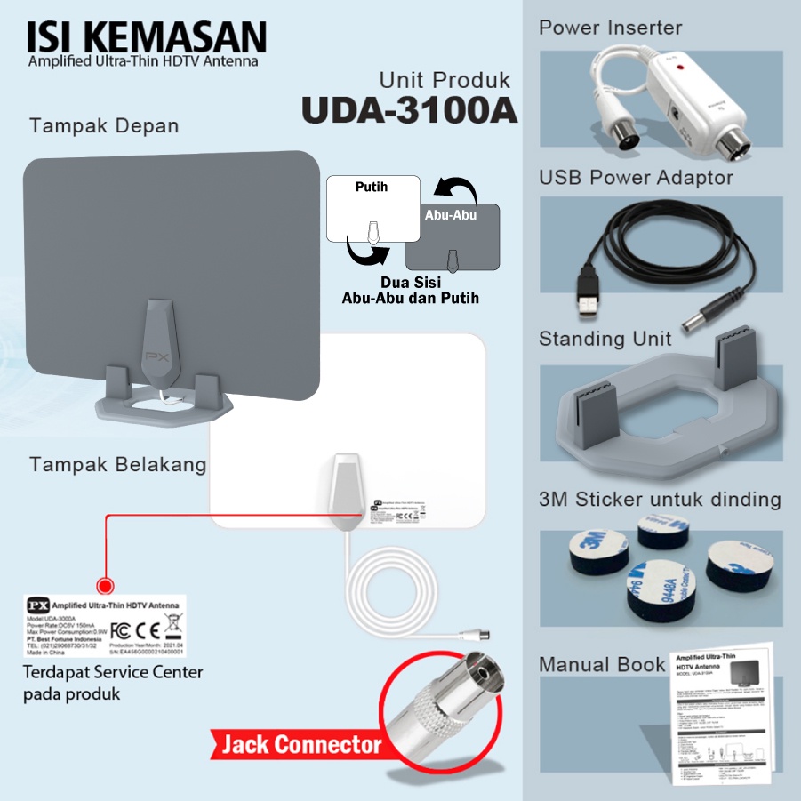 Antena TV Dinding Digital Analog Indoor DVBT2+Booster PX UDA-3100A