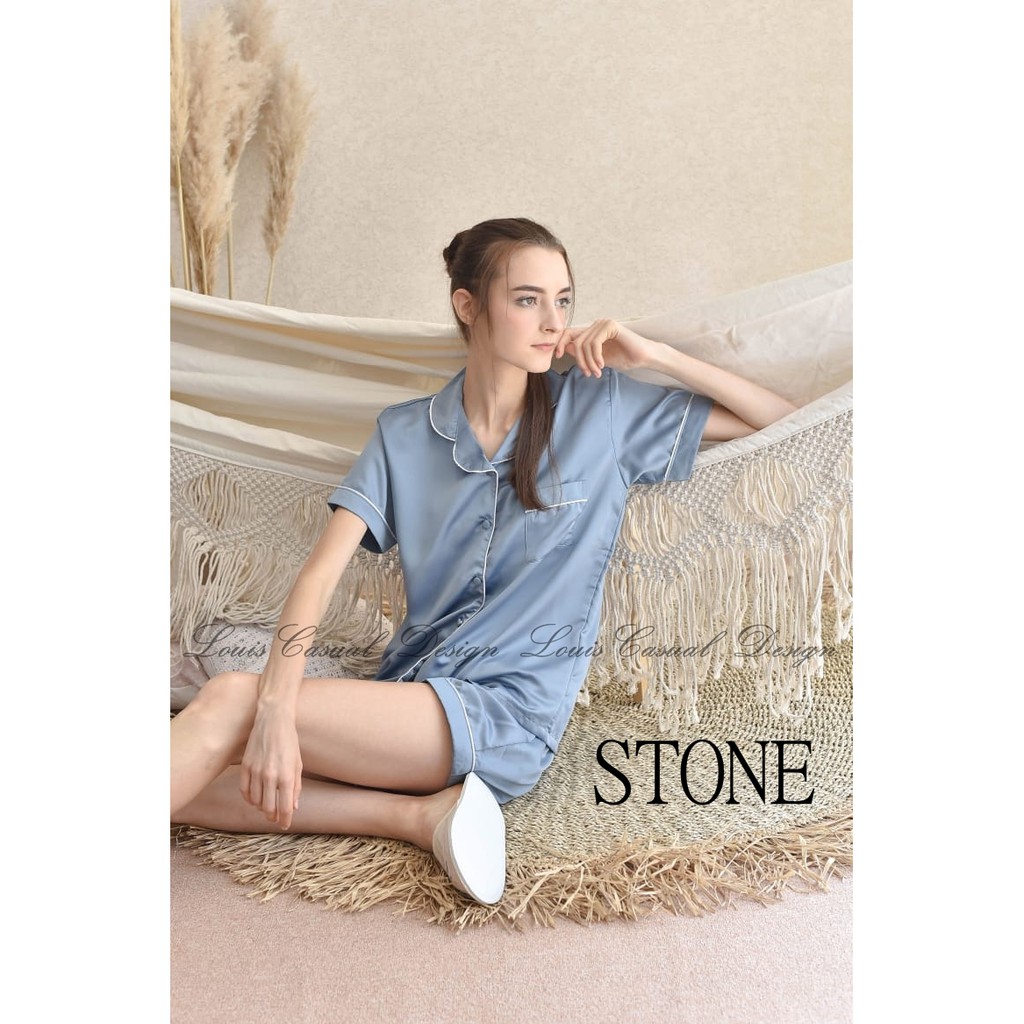 Piyama Celana Pendek Abu Stone Baju Tidur Cewek Wanita Silk Satin Premium Short Pants Pajamas