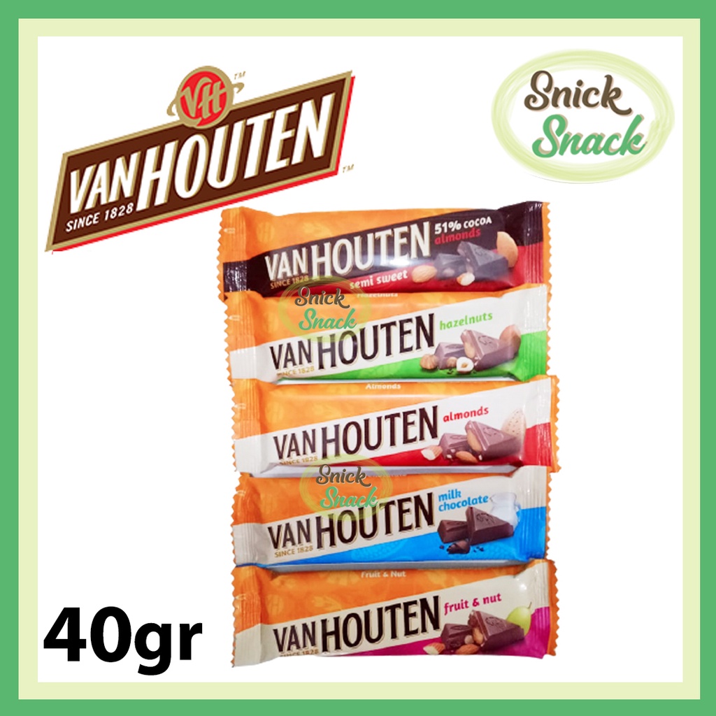 

Van Houten Coklat Bar 40 gr dan 22 gr Hazelnut Semi Sweet Almond Fruit Nut Cashew Kacang Mede Raisin