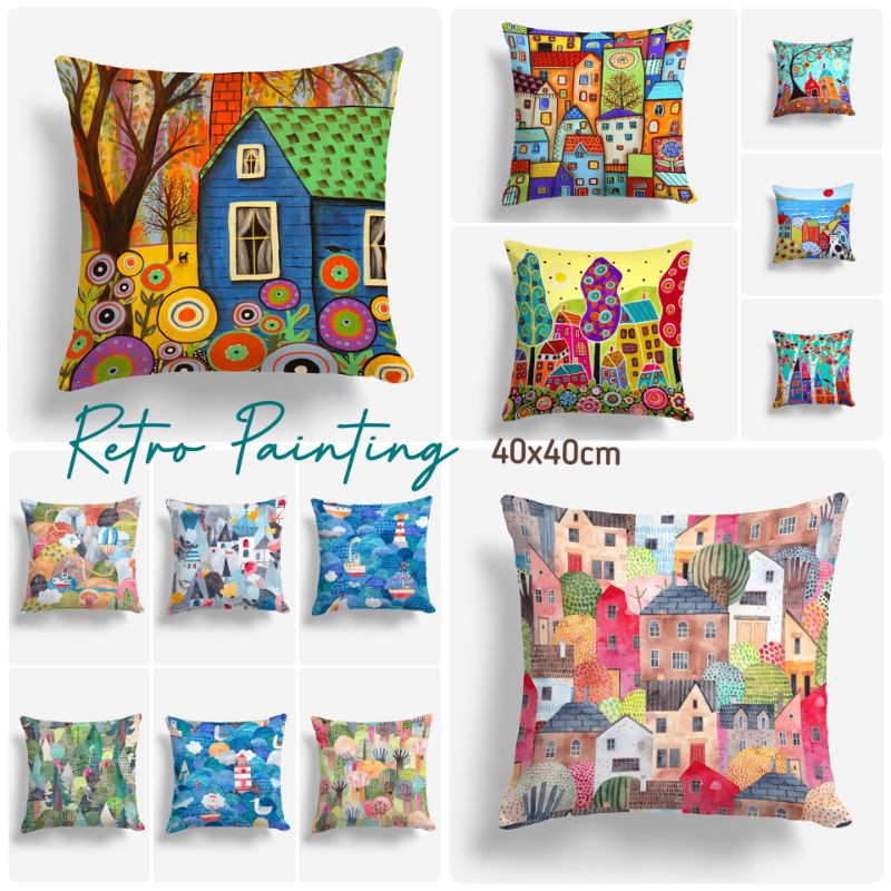 SARUNG BANTAL SOFA PRINT MOTIF RETRO TOWN RUMAH 40X40 CM