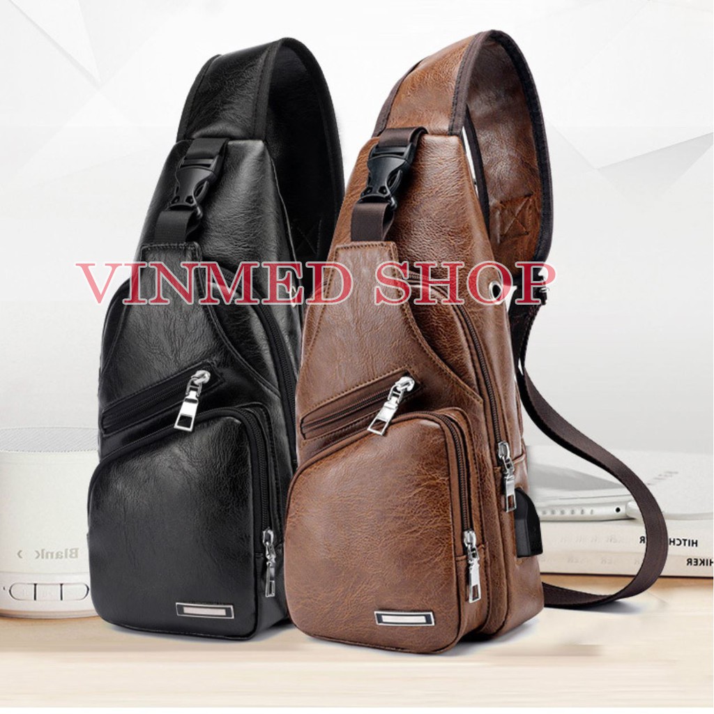 Tas Selempang Pria Import Sling Bag Kulit USB Port Tas Slempang Pria