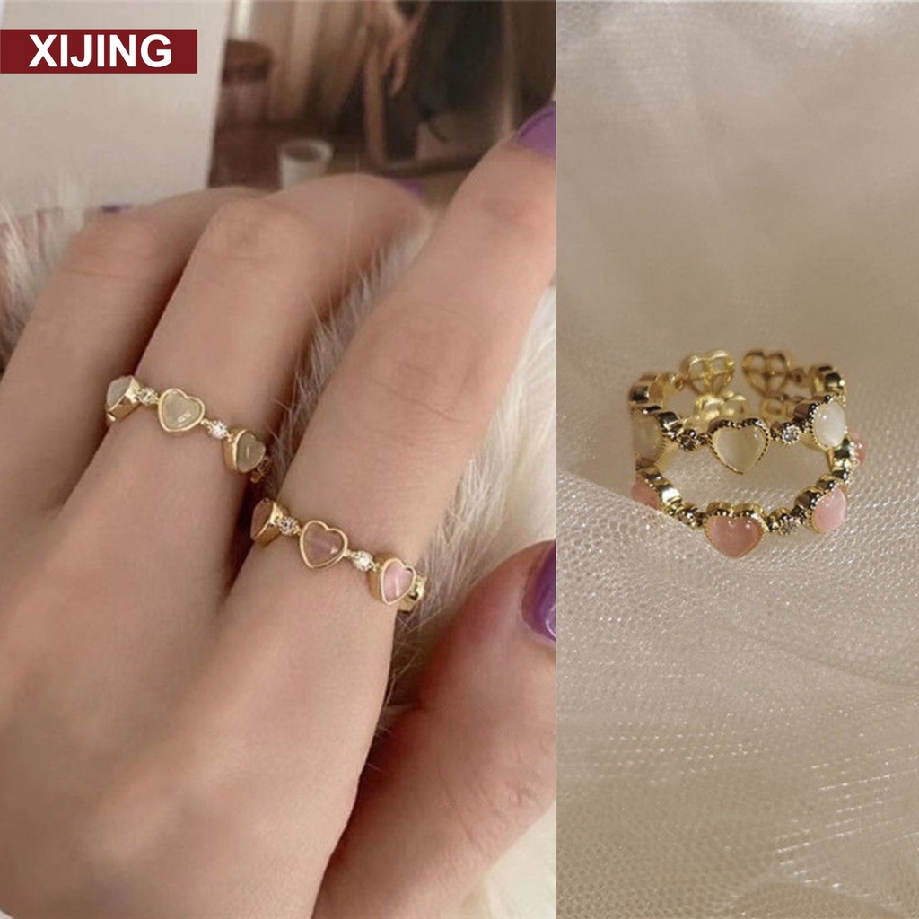 【COD Tangding】 Cincin Batu Opal Zircon Bentuk Hati Model Terbuka Gaya Korea Untuk Wanita