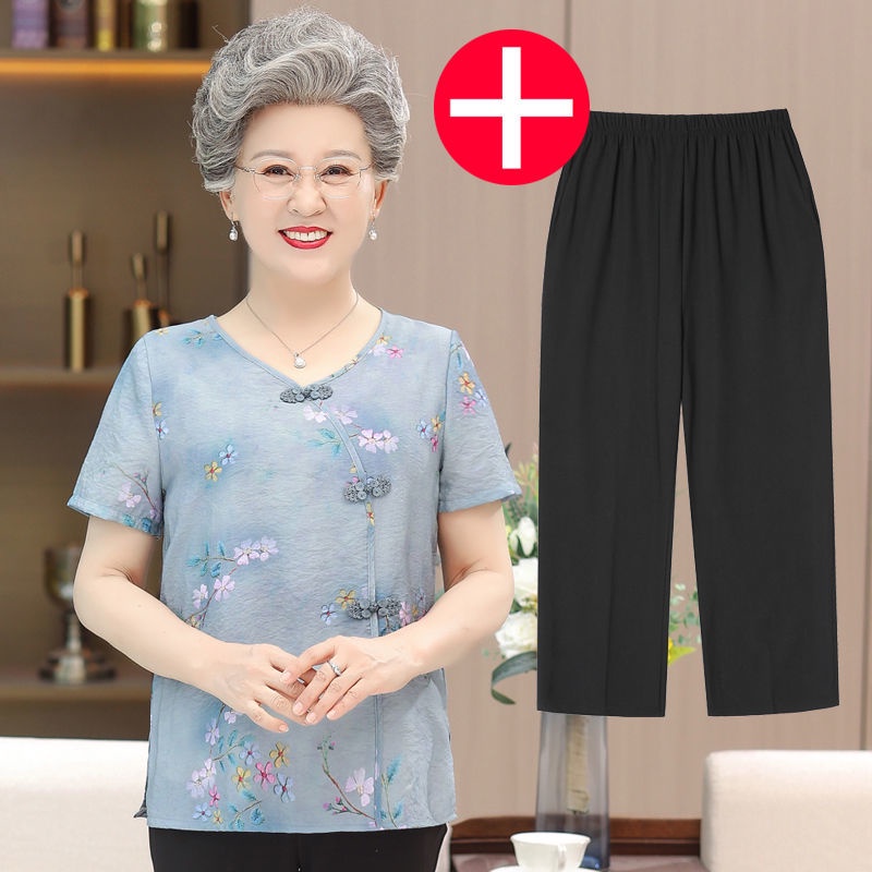 Pakaian musim panas manula, pakaian nenek wanita, jas dua potong untuk orang tua di musim panas