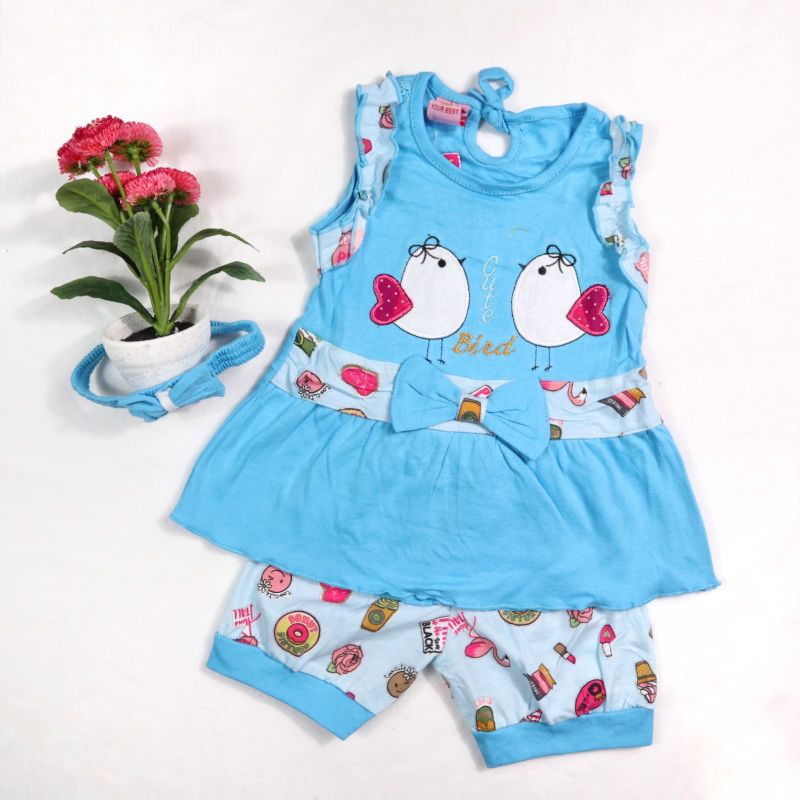 SETELAN BABY FASHION BAJU ANAK CEWEK MOTIF TWO BIRDS SR129 1 TAHUN BORBIR