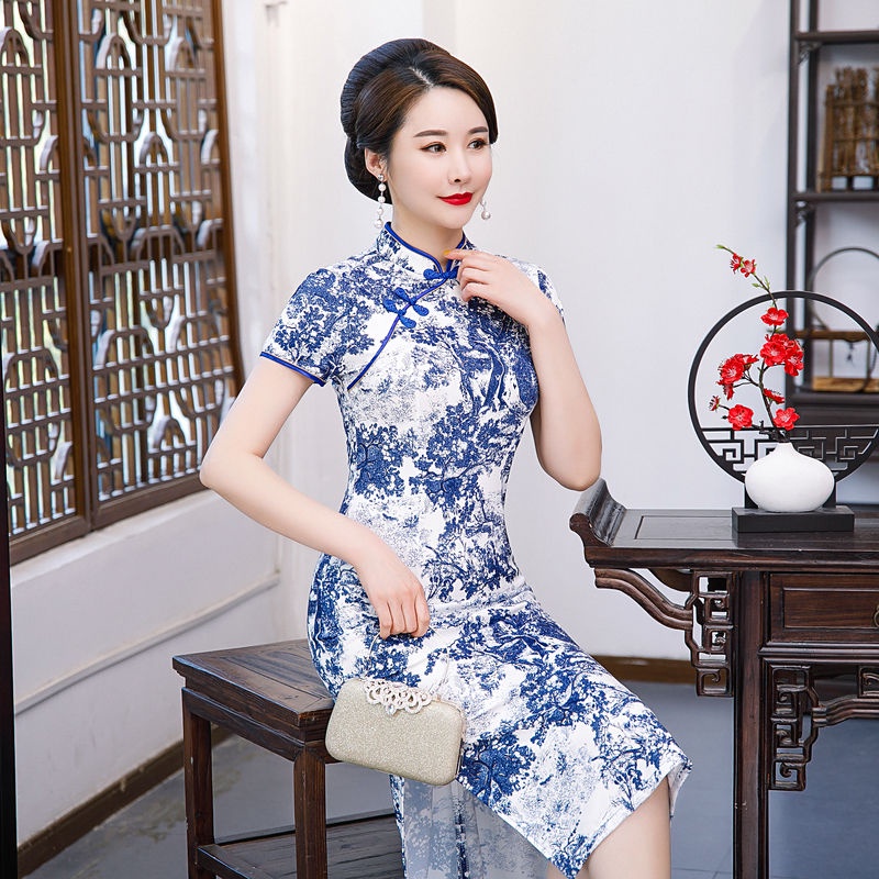 Cheongsam women's summer retro aging new dress improved slim and belly covering Chinese style middle