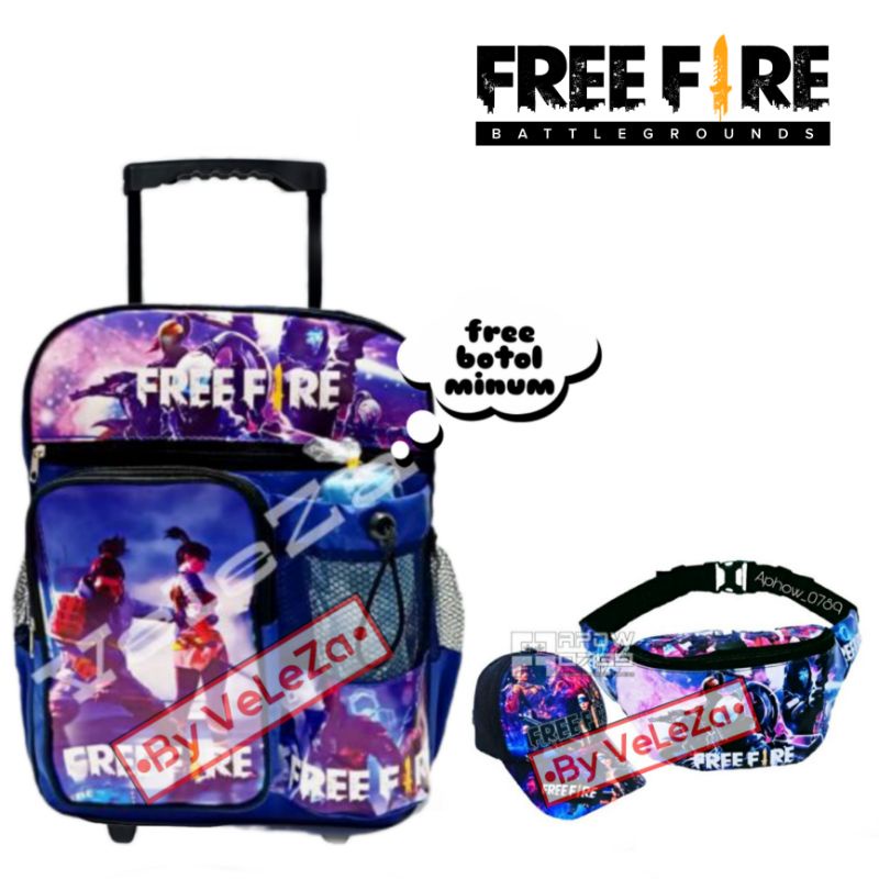 Tas ransel troli anak laki-laki karakter freefire 3in1 - tas + waistbag + topi - tas troli