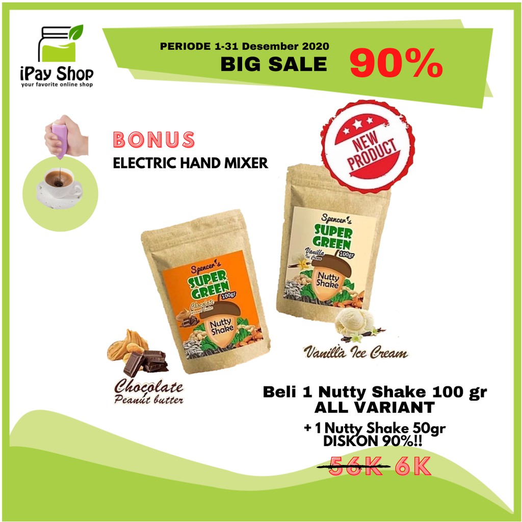 

Spencers SuperGreen Nutty Shake Minuman Sehat Tinggi Protein 100gr Grab Express COD BONUS Hand Mixer