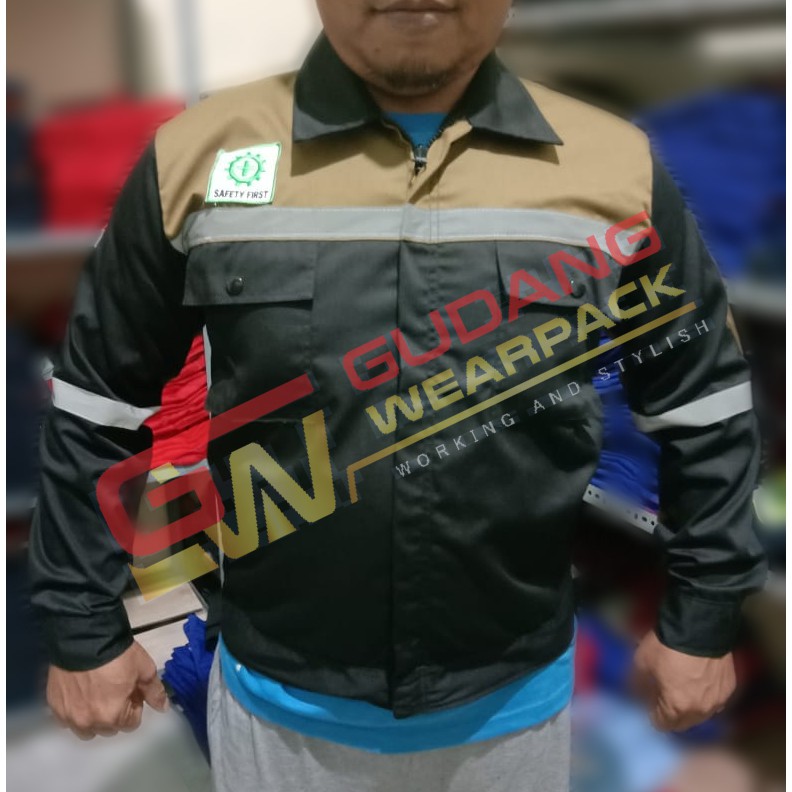 Star Wearpack - Seragam Baju Proyek Warna HItam Kombinasi Coklat Lengan Panjang