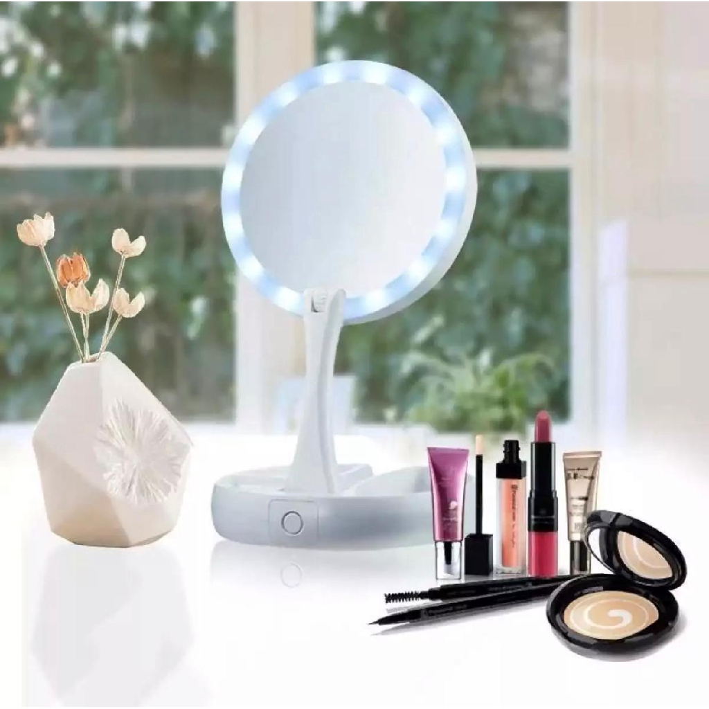 Lampu Makeup Cermin Lipat Vanity Mirror Rias Dua Sisi Kosmetik Kotak Mirror LED 10X Lipat Foldable