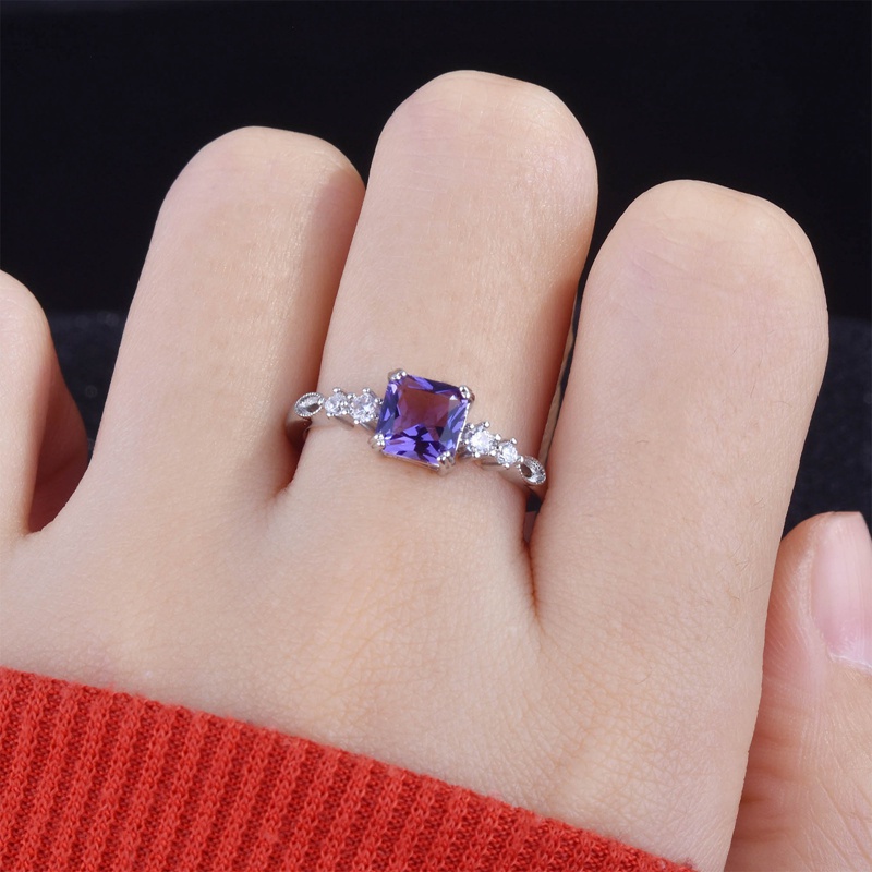 Fancyqube Cincin Model Terbuka Bentuk Persegi Kecil Bahan Zirkon Warna Ungu Untuk Wanita