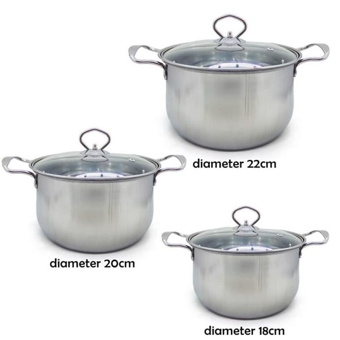 yang dicari] 555 SA Cookware Set Panci Stainless Tebal 22-20-18cm CG1 + Tutup Kaca