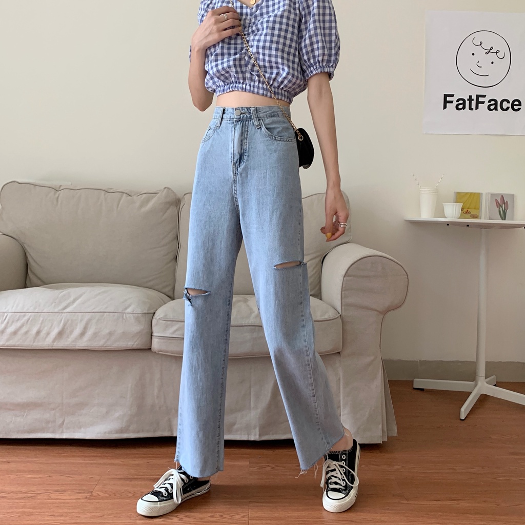 korean style new straight fit vintage kekinian boyfriend celana robek jeans panjang wanita