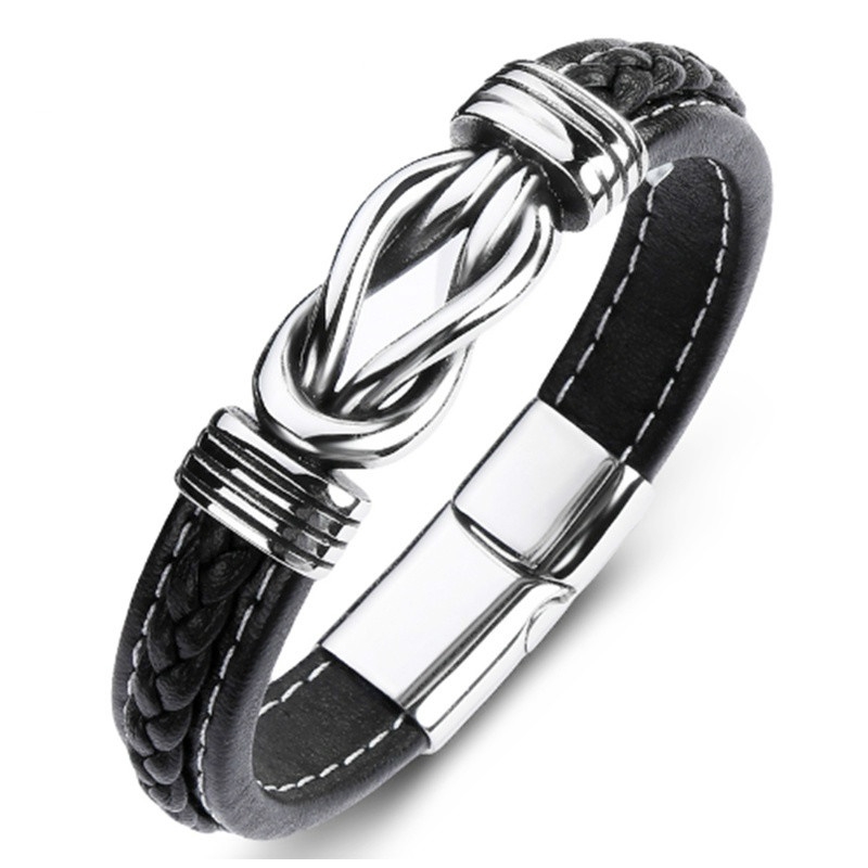 Men Bracelet Black Leather Stainless Steel Charm Magnet Buckle Bracelets Man Cross Knot Punk Jewelry