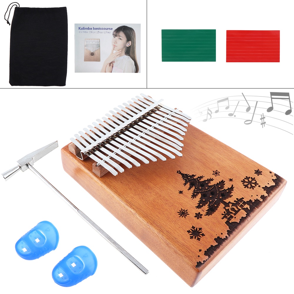 Alat Musik Kalimba 17 Tuts Bahan Kayu Mahoni Motif Pohon Natal Mbira