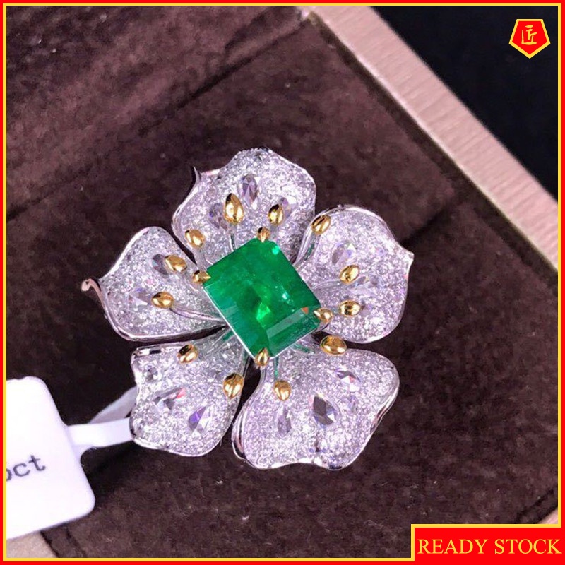 [Ready Stock]Micro-Inlaid Diamond Flower-Shaped Emerald Ring Women's Elegant Temperament
