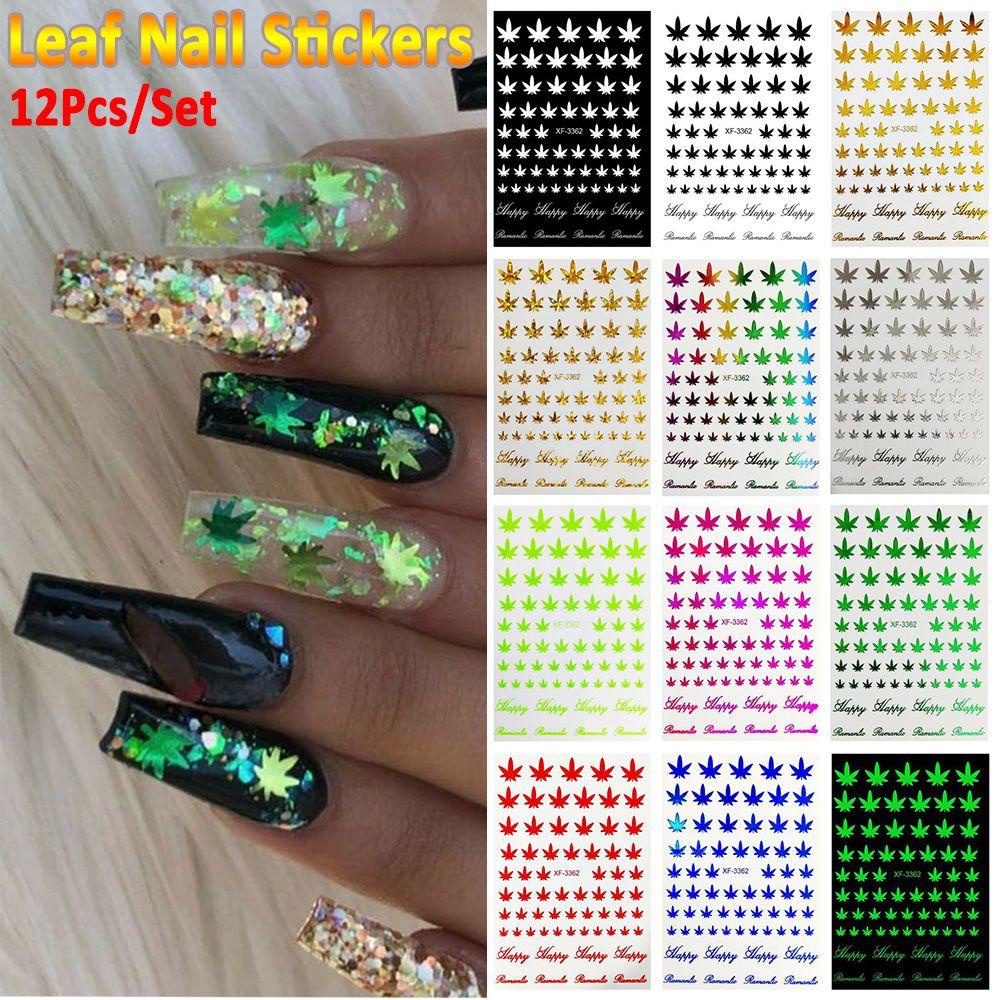 AUGUSTINA Stiker Kuku Agustina 12pcs /Set Kuku Salon Neon Pot Daun Self Adhesive Nail Art Dekorasi